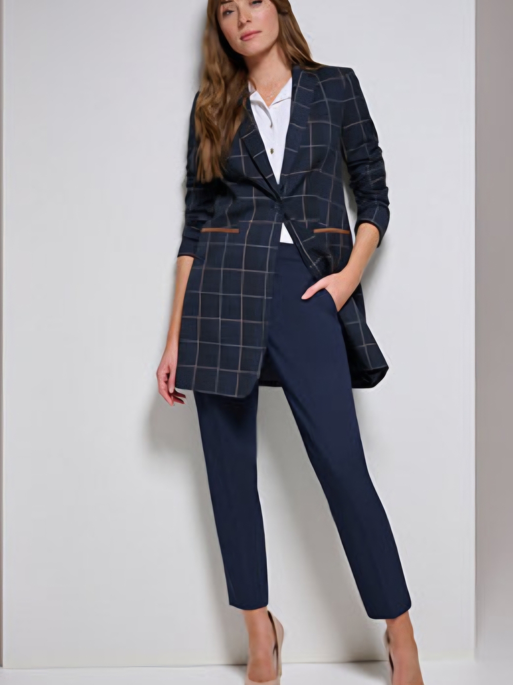 Tommy Hilfiger Navy Windowpane One Button Long Blazer